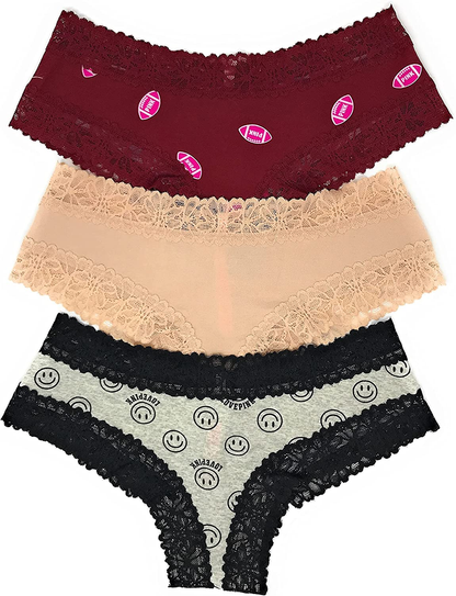 Victoria'S Secret Pink Cheekster Panty Set of 3  Victoria's Secret Lace Trim Cran Footballs / Nude / Gry Smile Large 