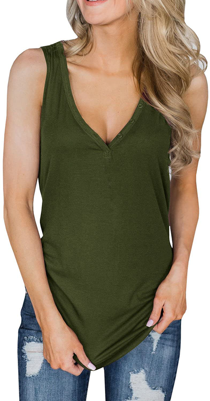 Dellytop Womens V Neck Tank Tops Sleeveless Henley Shirts Button up Ribbed Long Tunic Tees Apparel & Accessories > Clothing > Activewear Kylie Max   