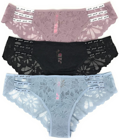 Victoria'S Secret Pink Cheekster Panty Set of 3 Apparel & Accessories > Clothing > Underwear & Socks > Underwear Victoria's Secret Strappy Lace Mauve / Black / Light Teal Large 
