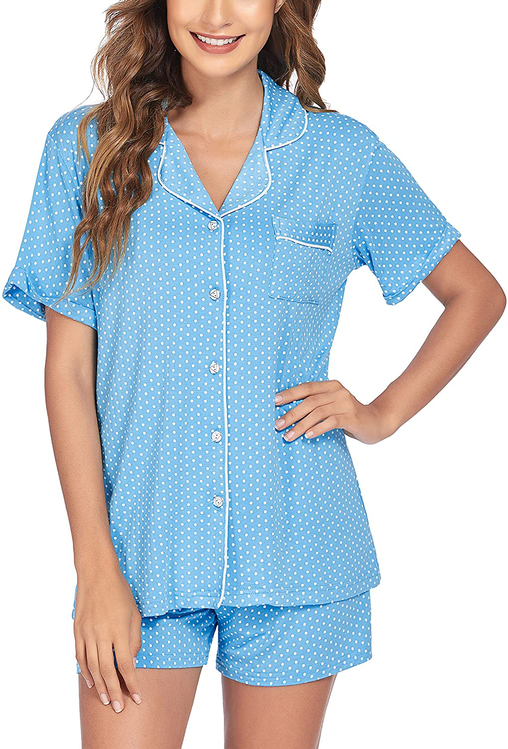 Ekouaer Pajamas Set Short Sleeve Sleepwear Womens Button Down Nightwear Soft Pj Lounge Sets XS-XXL Apparel & Accessories > Clothing > Sleepwear & Loungewear > Pajamas Ekouaer Pat26-sky Blue With White Dot X-Large 