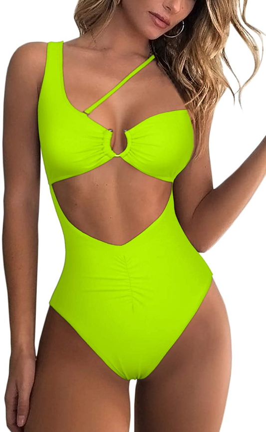 QINSEN Womens One Shoulder Cutout Ruched Back High Cut Monokini One Piece Swimsuit Apparel & Accessories > Clothing > Swimwear Kylie Max   