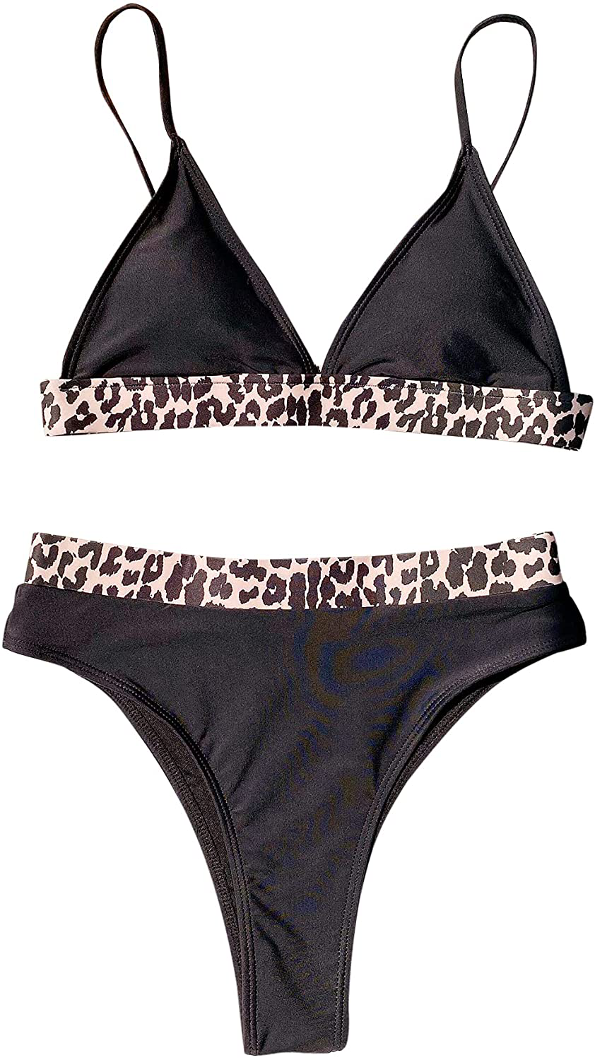 SOLY HUX Women's Halter Triangle Tie Side Bikini 2 Piece Swimsuits Apparel & Accessories > Clothing > Swimwear SOLY HUX Black Leopard X-Small 