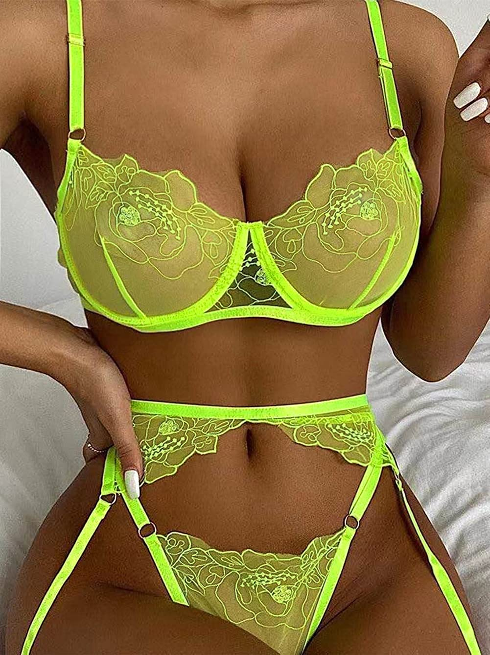 Kaei&Shi Embroidered Mesh Sheer,Underwire Cutout,High Cut Thong,Belt Garter Lingerie Set Apparel & Accessories > Clothing > Underwear & Socks > Lingerie Kaei&Shi   