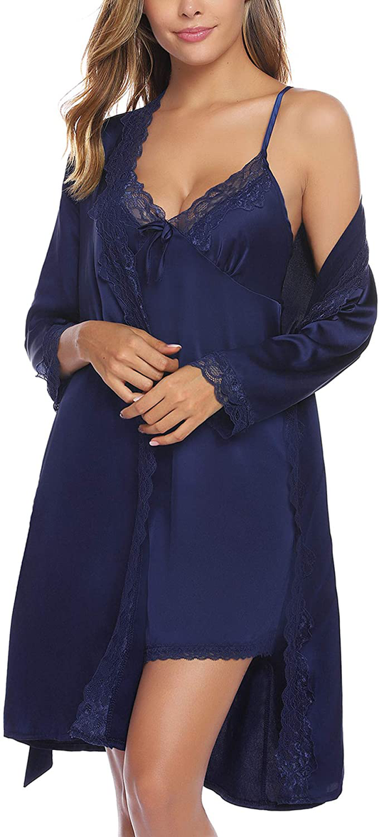 Sykooria Sexy Satin Robes for Women Lace Pajamas Set 2 Piece Sleepwear Ladies Lingerie Nightgown for Bride Party Apparel & Accessories > Clothing > Sleepwear & Loungewear > Robes Sykooria A-navy Blue X-Large 