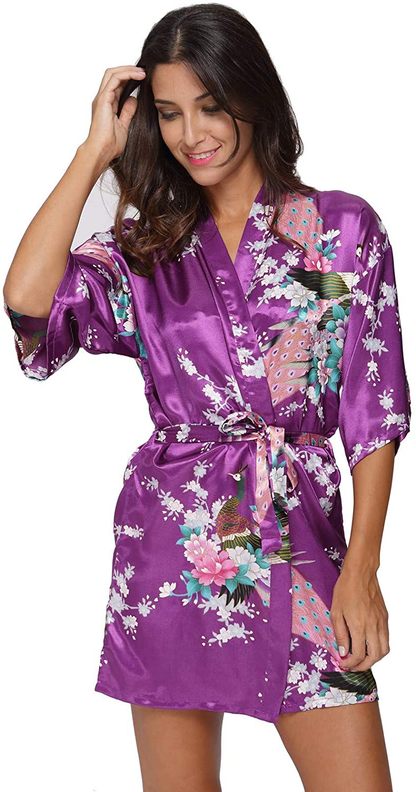 Original Kimono Women'S Short Satin Kimono Robe Floral Peacock Patterned Bathrobe Silky Bridal Nightwear Apparel & Accessories > Clothing > Sleepwear & Loungewear > Robes Original Kimono   