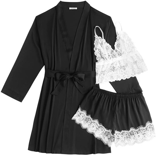 Ekouaer Women'S 3 Pcs Sleepwear Satin Robe and Lingerie Set Floral Lace Trim Pajama Set Sexy Lingerie with Robes Apparel & Accessories > Clothing > Sleepwear & Loungewear Kylie Max   