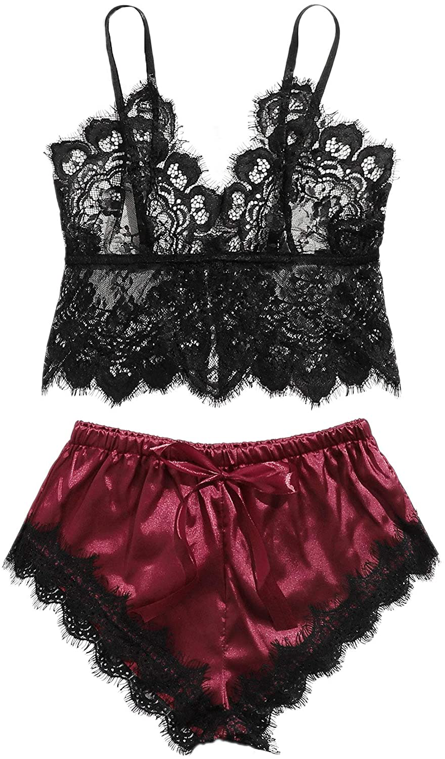 SOLY HUX Women'S Lace Sheer Cami Top with Satin Shorts Pajama Set Sleepwear Apparel & Accessories > Clothing > Sleepwear & Loungewear Kylie Max   