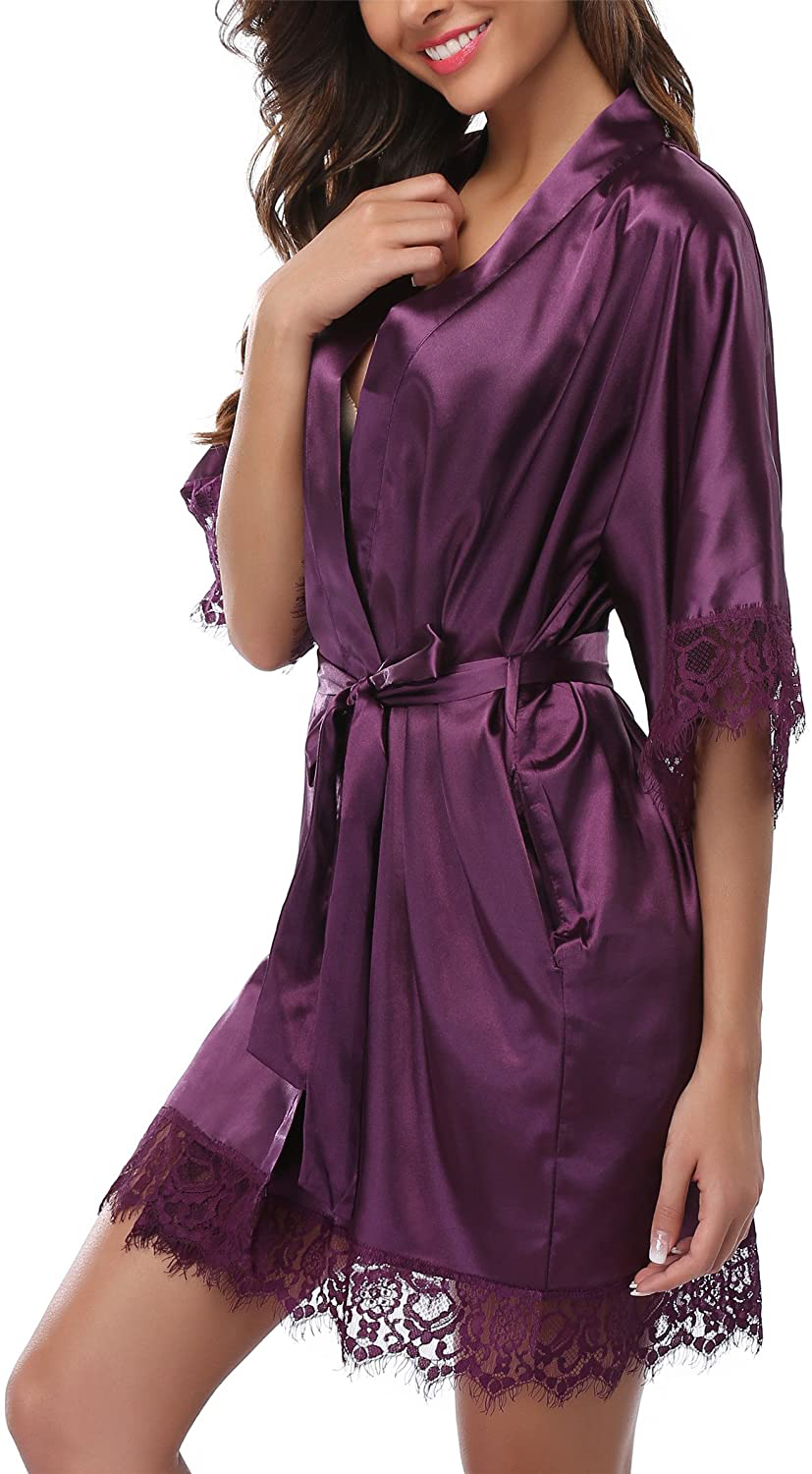 Giova Women'S Lace Trim Kimono Robe Bride Bridesmaids Wedding Shower Satin Short Robe Apparel & Accessories > Clothing > Sleepwear & Loungewear > Robes Giova   