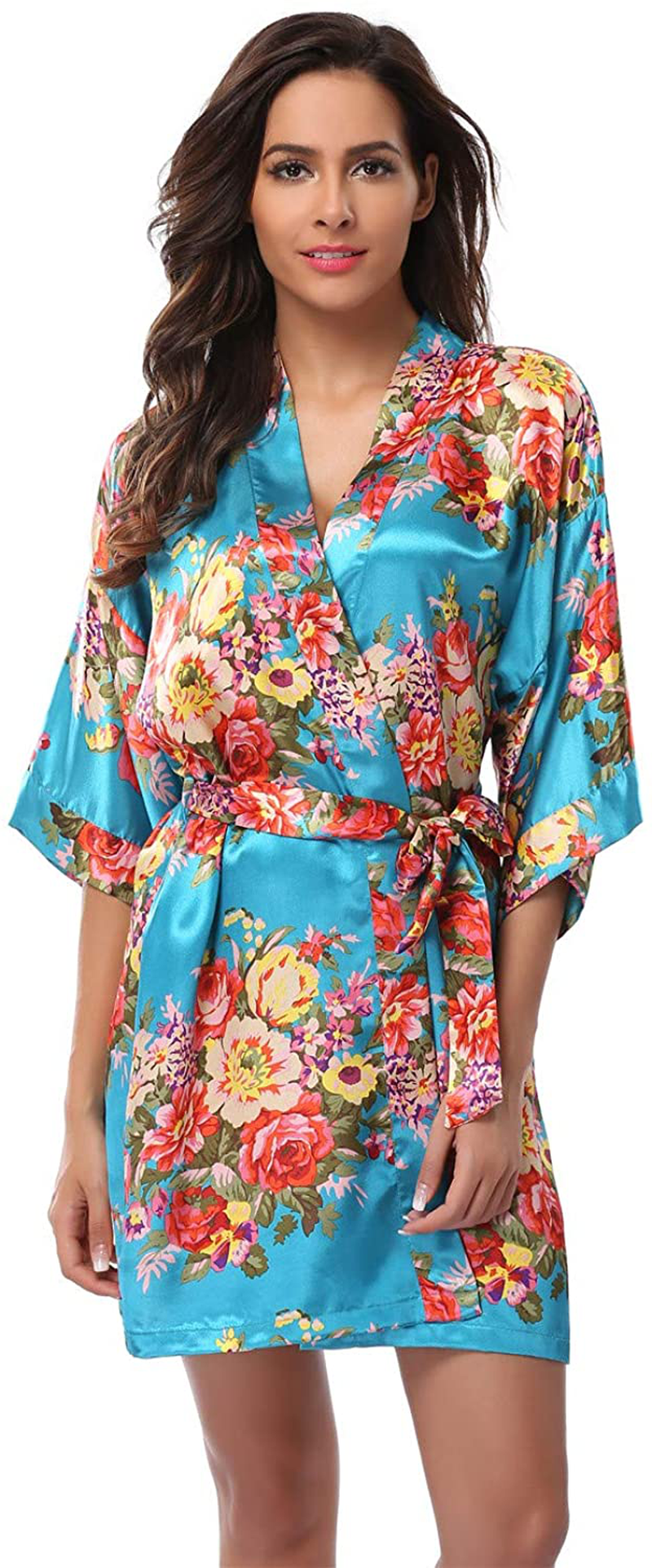 Women'S Floral Satin Kimono Robes Short Bridesmaid Robes for Wedding Party Apparel & Accessories > Clothing > Sleepwear & Loungewear > Robes Super Shopping-zone Lake Blue With Pockets Small 