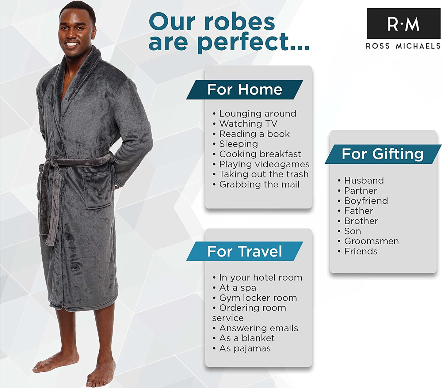 Ross Michaels Mens Robe - Mid Length - Plush Shawl Collar Fleece Bathrobe Apparel & Accessories > Clothing > Sleepwear & Loungewear > Robes Kylie Max   