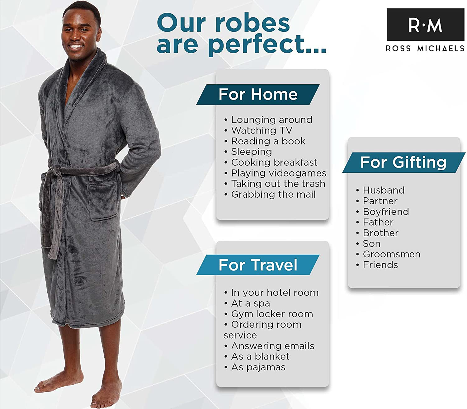 Ross Michaels Mens Robe - Mid Length - Plush Shawl Collar Fleece Bathrobe Apparel & Accessories > Clothing > Sleepwear & Loungewear > Robes Kylie Max   