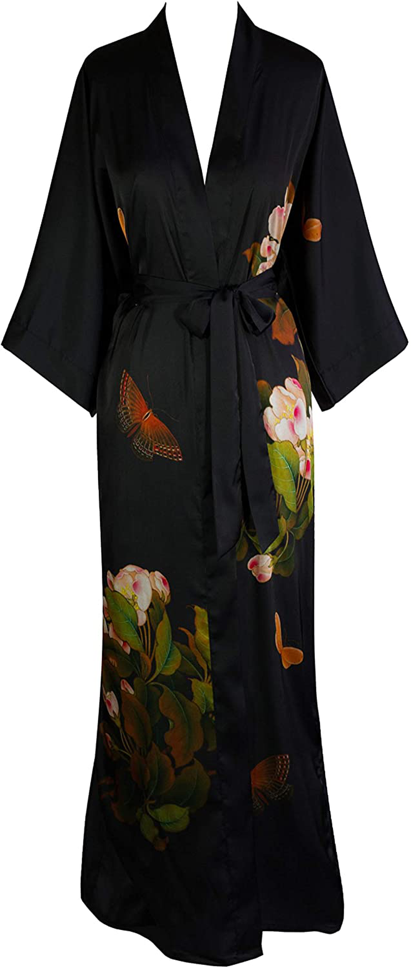 KIM+ONO Women'S Charmeuse Kimono Robe Long - Watercolor Floral Apparel & Accessories > Clothing > Sleepwear & Loungewear > Robes KIM+ONO Peony & Butterfly - Black  