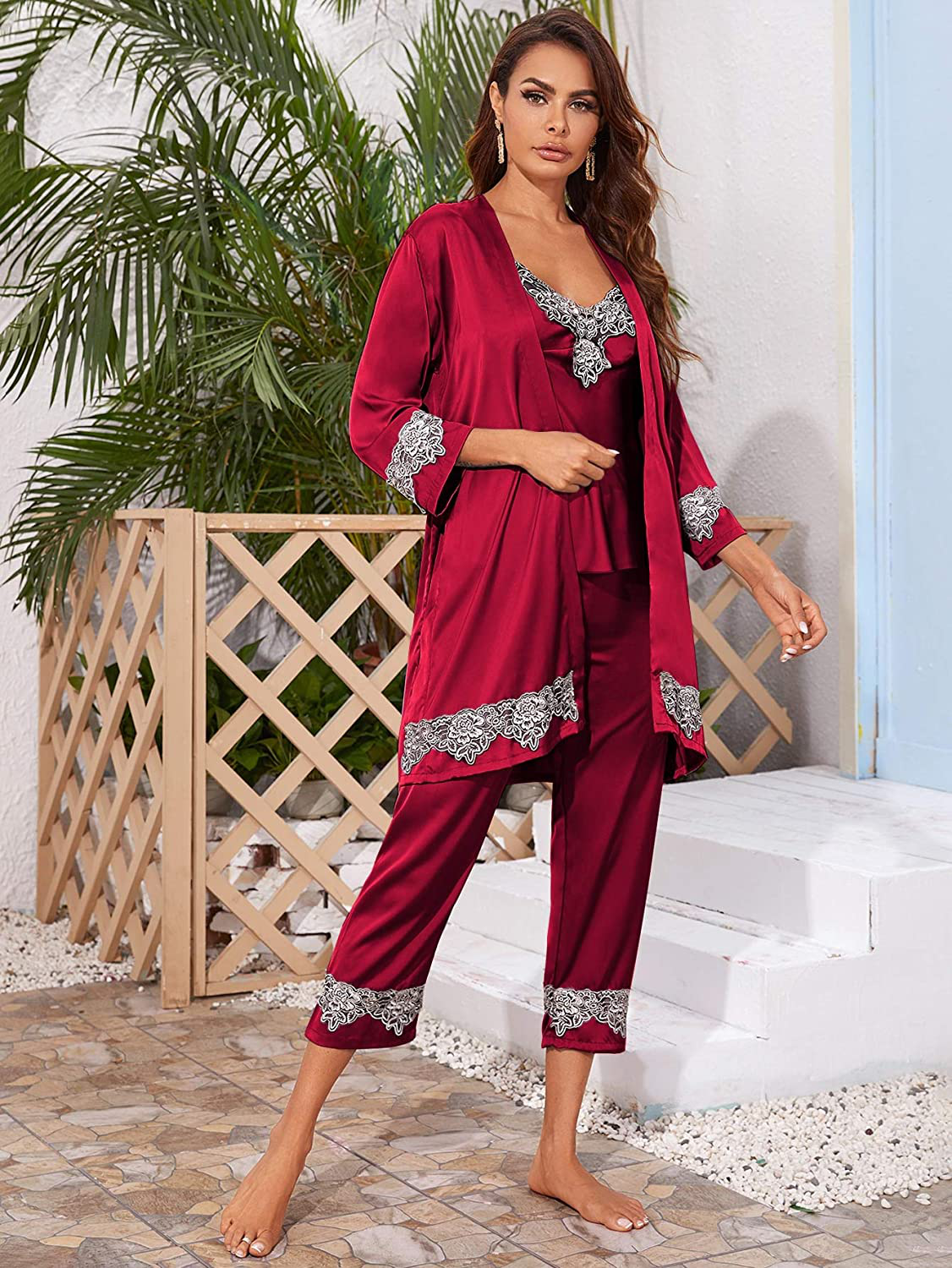 SOLY HUX Women'S Sleepwear 4Pcs Floral Print Satin Cami Pajama Set with Robe Apparel & Accessories > Clothing > Sleepwear & Loungewear Kylie Max   