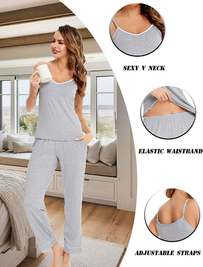 Lecgee Women'S Pajamas Set V-Neck Two Piece Sleepwear Spaghetti Strap Sleeveless Nightwear Apparel & Accessories > Clothing > Sleepwear & Loungewear Kylie Max   