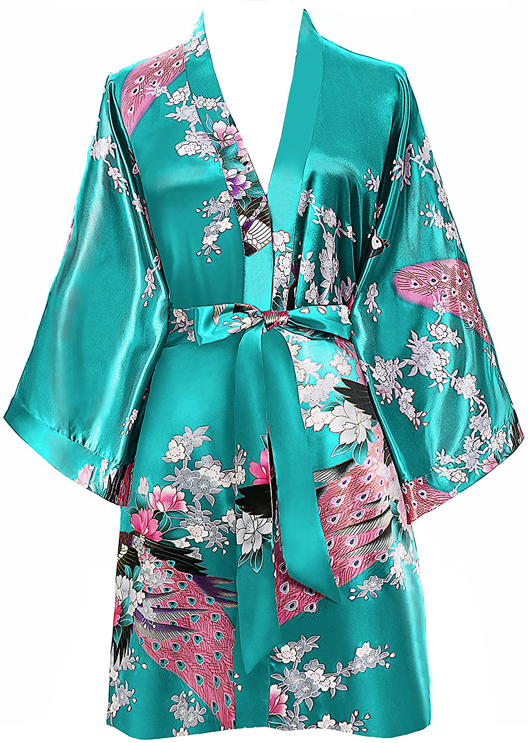 BABEYOND Short Kimono Robe Blouse Peacock Printed Kimono Cover up Loose Cardigen Apparel & Accessories > Clothing > Sleepwear & Loungewear > Robes KYLIE MAX Dark Green  