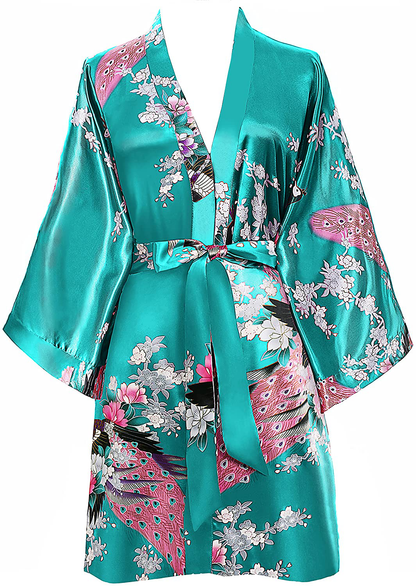 BABEYOND Short Kimono Robe Blouse Peacock Printed Kimono Cover up Loose Cardigen Apparel & Accessories > Clothing > Sleepwear & Loungewear > Robes KYLIE MAX Dark Green  