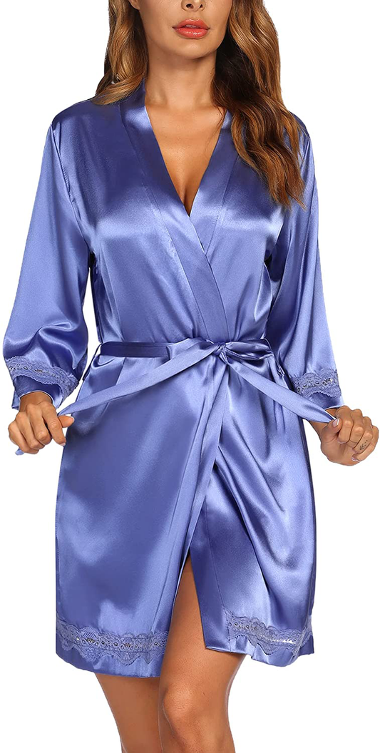Ekouaer Women'S Lace-Trim Kimono Style Short Satin Robe Sleepwear with 3/4 Sleeve Apparel & Accessories > Clothing > Sleepwear & Loungewear > Robes Kylie Max   