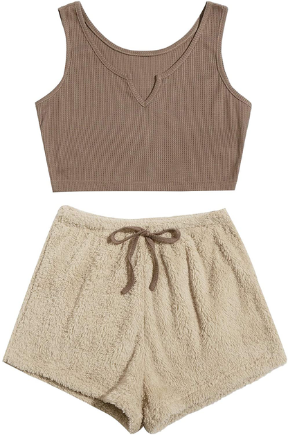 Verdusa Women'S 2 Piece PJ Set Notched Tank Top & Teddy Shorts Fuzzy Lounge Pajama Set Apparel & Accessories > Clothing > Sleepwear & Loungewear Kylie Max   