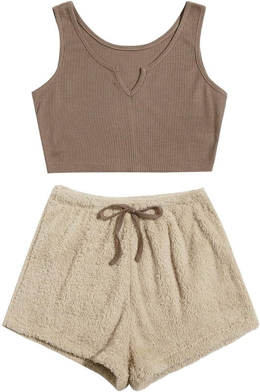 Verdusa Women'S 2 Piece PJ Set Notched Tank Top & Teddy Shorts Fuzzy Lounge Pajama Set Apparel & Accessories > Clothing > Sleepwear & Loungewear Kylie Max   