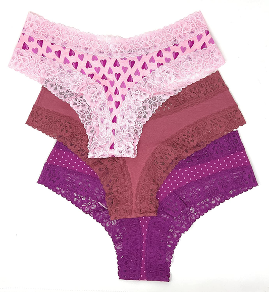 Victoria'S Secret Lace Cheeky Panty Set of 3 Apparel & Accessories > Clothing > Underwear & Socks > Underwear Victoria's Secret Light Pink Hearts / Rose / Berry Mini Dot Large 