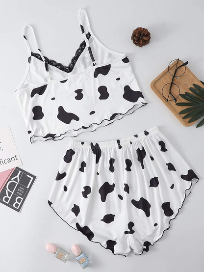 Shein Women'S Cow Print Sleepwear Lace Frill Trim Crop Cami Top and Shorts Pajama Set Apparel & Accessories > Clothing > Sleepwear & Loungewear Kylie Max   