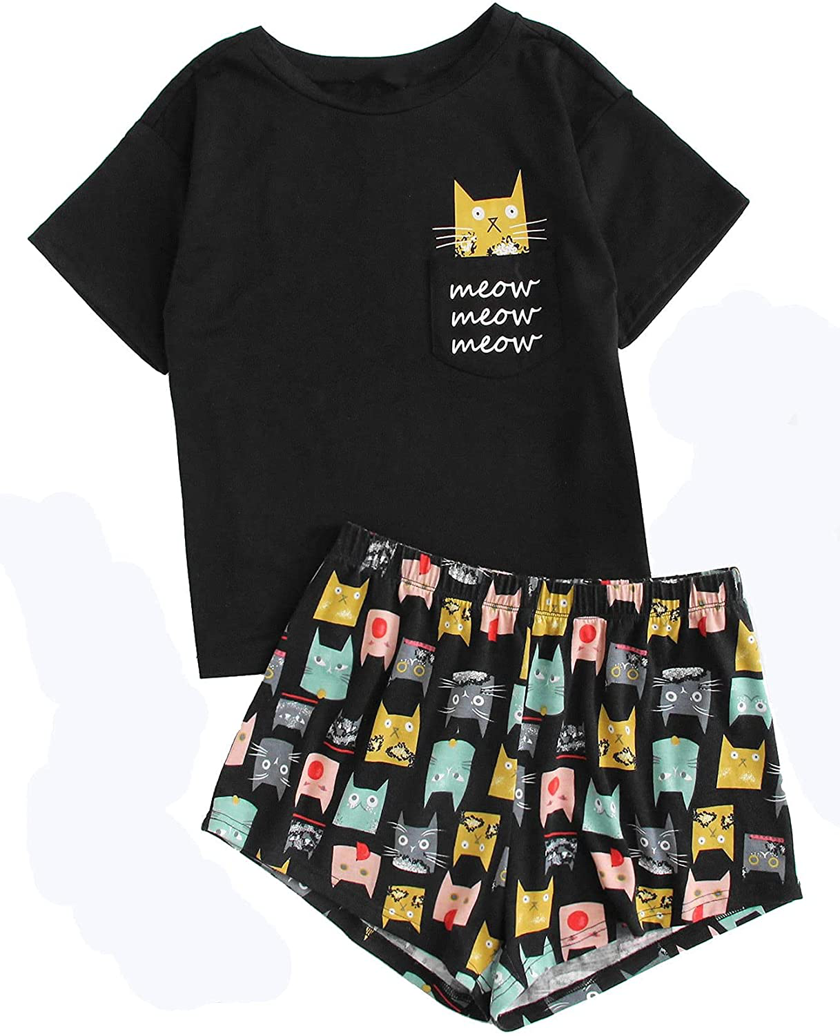 DIDK Women'S Cute Cartoon Print Tee and Shorts Pajama Set Apparel & Accessories > Clothing > Sleepwear & Loungewear > Pajamas Kylie Max   