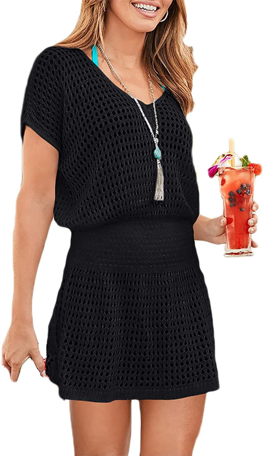 Bsubseach Women Crochet Hollow Out Swim Cover Ups Short Sleeve Beach Swimwear Tunic Dress Apparel & Accessories > Clothing > Swimwear Kylie Max   