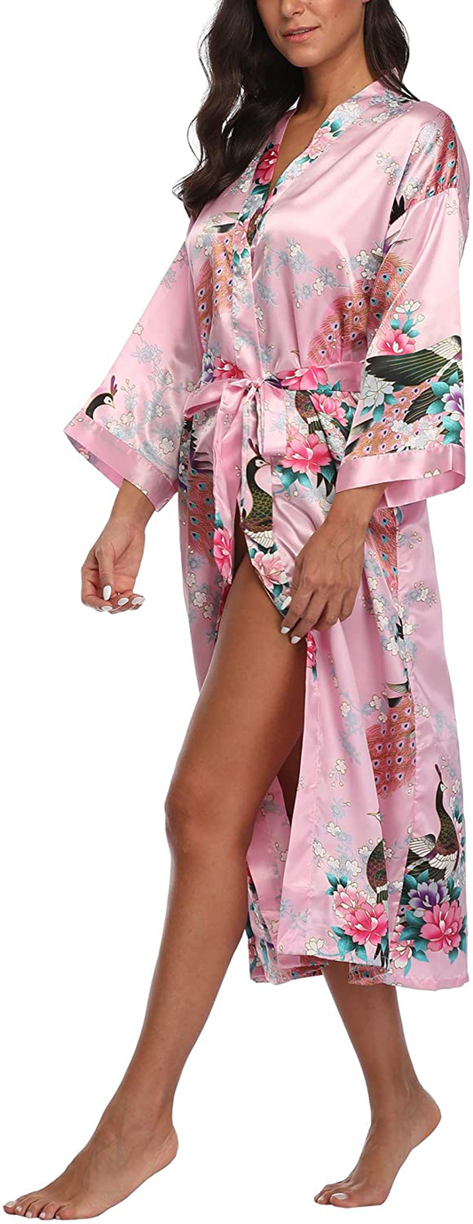 Witbuy Women'S Long Floral Kimono Robes for Party Satin Peacock Printed Bathrobe Silky Nightgown Lightweight Loungewear Apparel & Accessories > Clothing > Sleepwear & Loungewear > Robes WitBuy Pink Large 