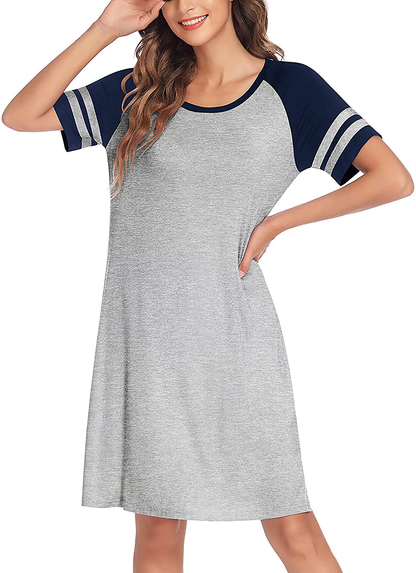 Hotouch Nightshirts Womens Nightgowns Raglan Striped Short Sleeve Sleepwear Comfy Sleepshirt S-XXL Apparel & Accessories > Clothing > Sleepwear & Loungewear > Nightgowns Kylie Max   