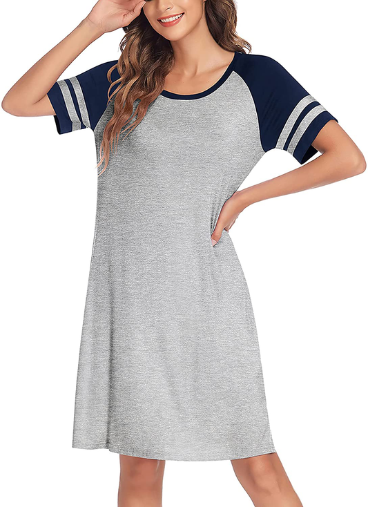Hotouch Nightshirts Womens Nightgowns Raglan Striped Short Sleeve Sleepwear Comfy Sleepshirt S-XXL Apparel & Accessories > Clothing > Sleepwear & Loungewear > Nightgowns Kylie Max   