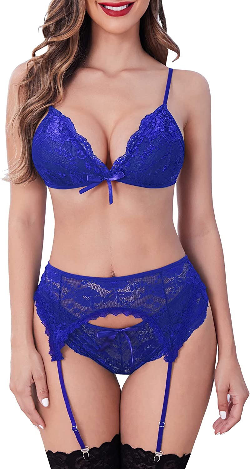 Avidlove Women Lace Lingerie Set with Garter Belts Strap Babydoll Bralette Bra and Panty Set Apparel & Accessories > Clothing > Underwear & Socks > Lingerie Avidlove Dark Blue Medium 