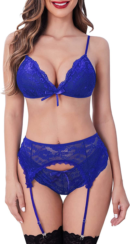 Avidlove Women Lace Lingerie Set with Garter Belts Strap Babydoll Bralette Bra and Panty Set Apparel & Accessories > Clothing > Underwear & Socks > Lingerie Avidlove Dark Blue Medium 