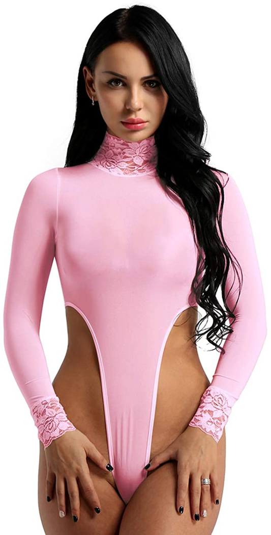 JEATHA Women's Long Sleeve High Cut Thong Leotard Sheer Mesh Bodysuit Teddies Stretchy Underwear  JEATHA Pink  