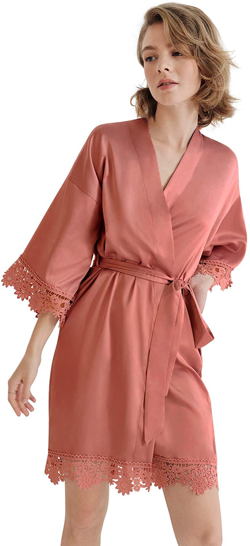 SIORO Women'S Satin Robe Lace Silk Kimono Robes Short for Bridesmaid Wedding Party Nightgown, Small~X-Large Apparel & Accessories > Clothing > Sleepwear & Loungewear > Robes KYLIE MAX Rust X-Large 