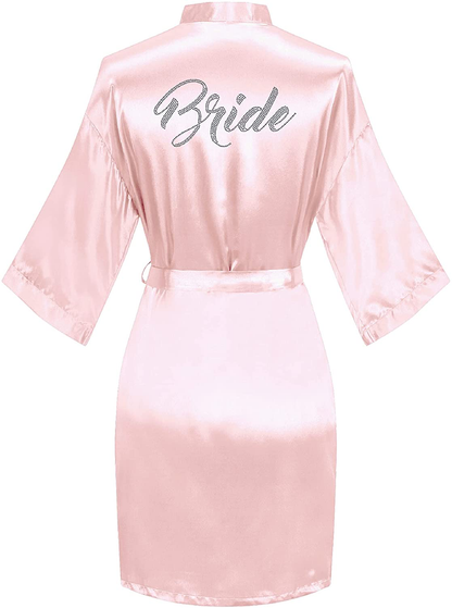 Sunshinemall Women'S Satin Kimono Robes with Rhinestones Bride Bridesmaid Short Sleepwear Wedding Dressing Gown Apparel & Accessories > Clothing > Sleepwear & Loungewear > Robes sunshinemall Bride-pink Small-Medium 