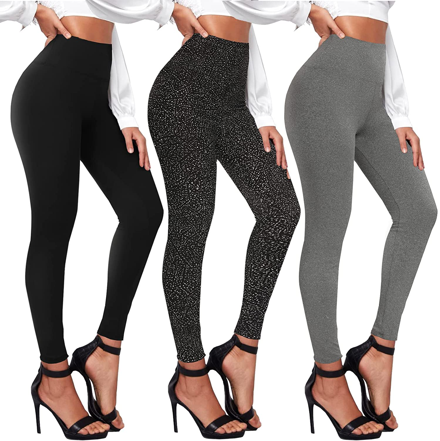 TNNZEET 3 Pack High Waisted Leggings for Women - Buttery Soft Workout Running Yoga Pants Apparel & Accessories > Clothing > Activewear TNNZEET Black/ White Dot/ Light Grey Heather Small-Medium 