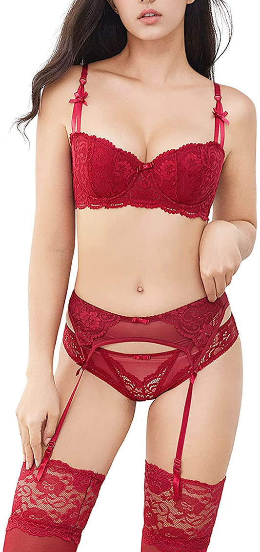 Women Push up Bras Set Lace Lingerie Bra Panties Garter Stocking 4Pcs/Lot Apparel & Accessories > Clothing > Underwear & Socks > Lingerie Varsbaby Chinese Red 36D 