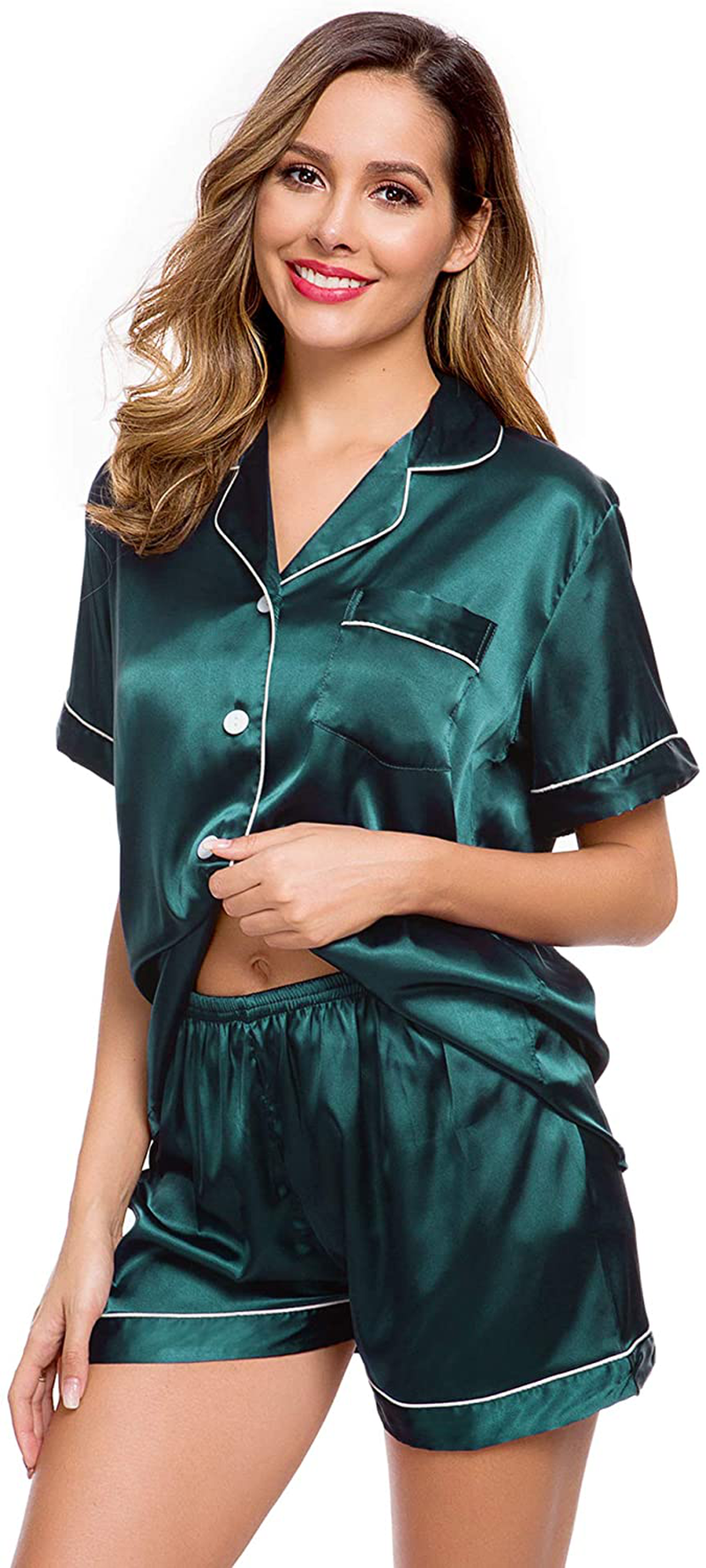 Lecgee Womens Silk Satin Pajamas Short Sleeve Loungewear Two-Piece Sleepwear Button-Down Pj Set Apparel & Accessories > Clothing > Sleepwear & Loungewear > Pajamas Kylie Max   