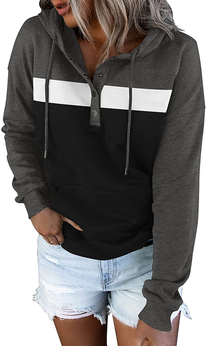 Women'S Casual Color Block Hoodies Long Sleeve Tops Button down Drawstring Pullover Sweatshirts with Pocket Apparel & Accessories > Clothing > Activewear Kylie Max   