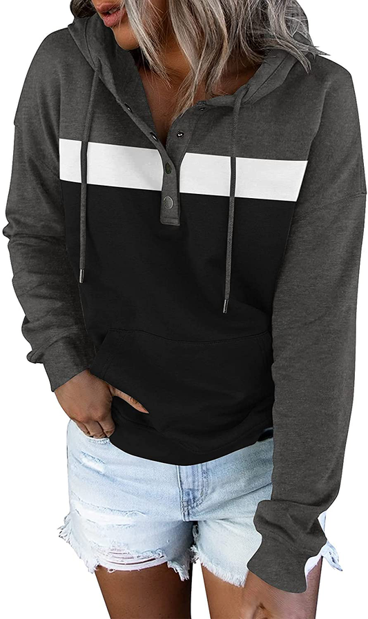 Women'S Casual Color Block Hoodies Long Sleeve Tops Button down Drawstring Pullover Sweatshirts with Pocket Apparel & Accessories > Clothing > Activewear Kylie Max   