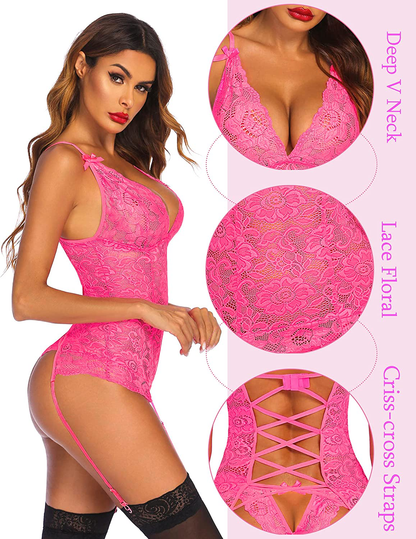 Avidlove Women’S Lace Babydoll with Garter Mini Teddy Bodysuit Sexy Lingerie Backless Chemise Apparel & Accessories > Clothing > Underwear & Socks > Lingerie Kylie Max   