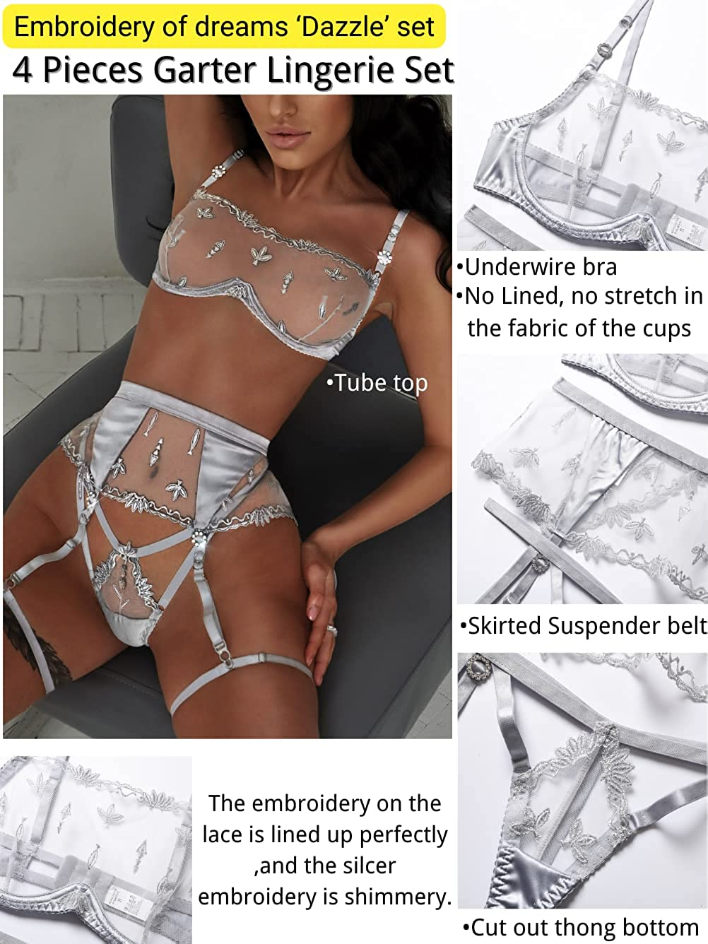 Kaei&Shi Satin Patchwork,Embroidered Underwire Tube Bra,G-String,4 Piece Garter Lingerie Apparel & Accessories > Clothing > Underwear & Socks > Lingerie Kaei&Shi   