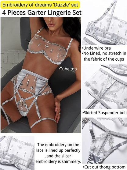 Kaei&Shi Satin Patchwork,Embroidered Underwire Tube Bra,G-String,4 Piece Garter Lingerie Apparel & Accessories > Clothing > Underwear & Socks > Lingerie Kaei&Shi   