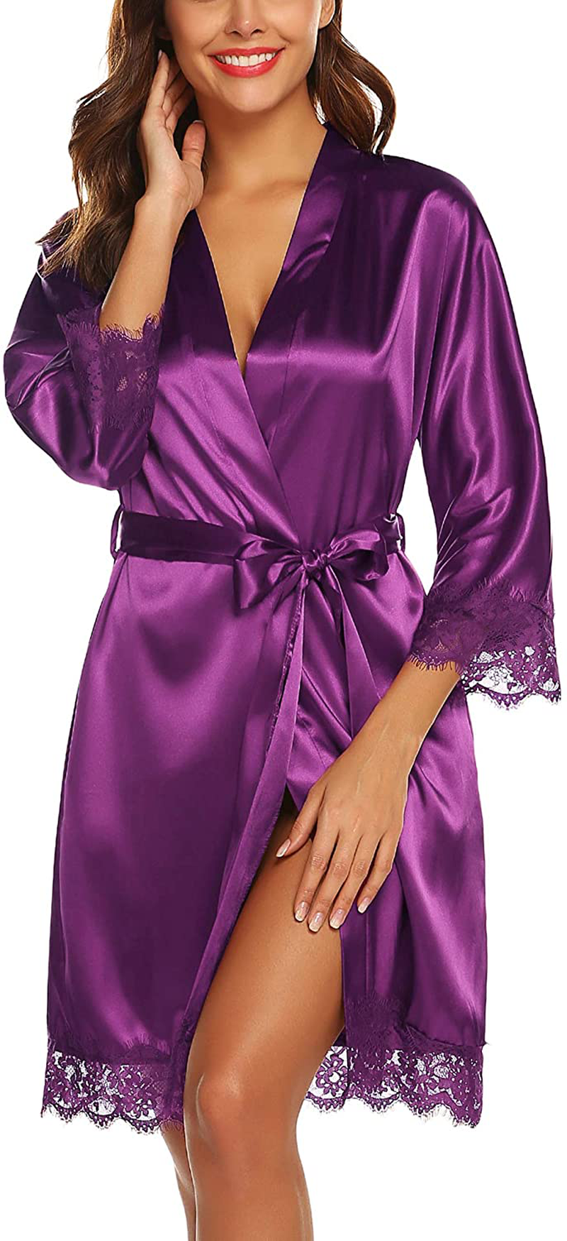 URRU Women'S Satin Silk Bathrobe Oblique V-Neck Short Kimono Robe Bridesmaids Robe S-XXXL Apparel & Accessories > Clothing > Sleepwear & Loungewear > Robes KYLIE MAX   