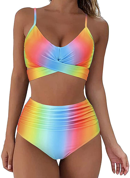 SUUKSESS Women Wrap Bikini Set Push Up High Waisted 2 Piece Swimsuits Apparel & Accessories > Clothing > Swimwear SUUKSESS 87 Rainbow Colorful 12-14 