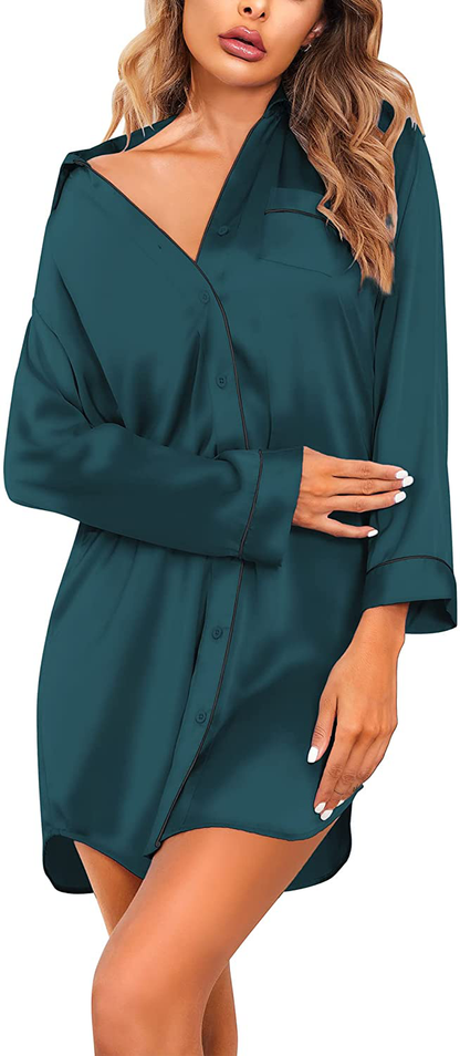 Ekouaer Women'S Long Sleeve Satin Sleepshirt Button down Nightgowns Silk Nightshirt Pajama Top Sleepwear S-XXL Apparel & Accessories > Clothing > Sleepwear & Loungewear > Nightgowns Kylie Max   