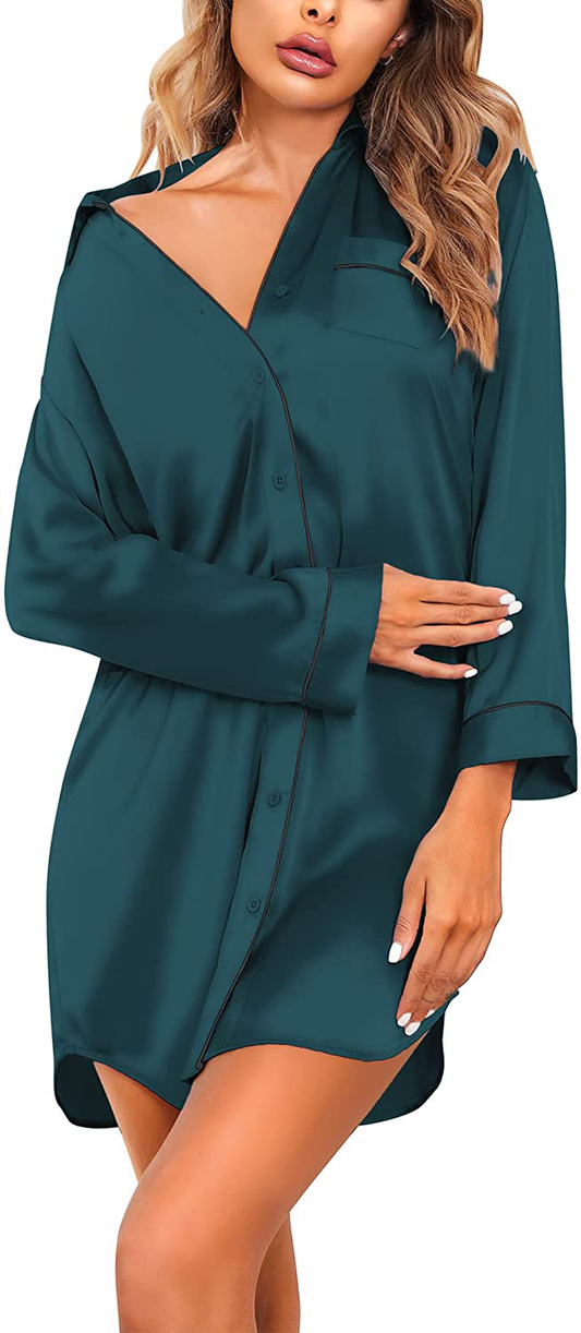 Ekouaer Women'S Long Sleeve Satin Sleepshirt Button down Nightgowns Silk Nightshirt Pajama Top Sleepwear S-XXL Apparel & Accessories > Clothing > Sleepwear & Loungewear > Nightgowns Kylie Max   