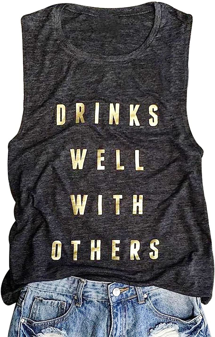 Drinks Well with Others Muscle Tank Tops Womens Funny Drinking Alcohol Sleeveless Letter Printed Graphic Tee Shirt Tops Apparel & Accessories > Clothing > Activewear Kylie Max   