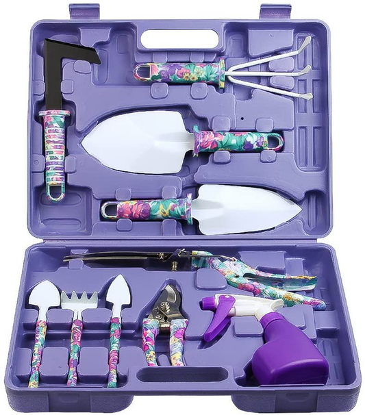 Garden Tools Set, JUMPHIGH 10 Pieces Gardening Tools with Purple Floral Print, Ergonomic Handle Trowel Rake Weeder Pruner Shears Sprayer, Garden Hand Tools with Carrying Case Gardening Gifts for Women Arts & Entertainment > Party & Celebration > Gift Giving JUMPHIGH   