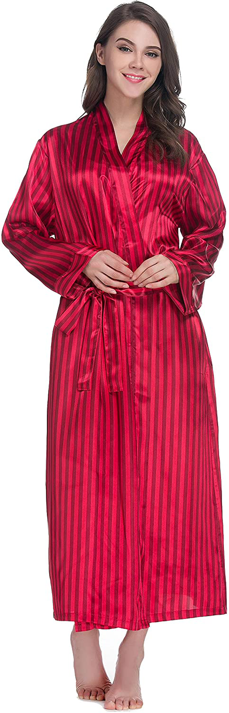 Lavenderi Women'S Long Classic Satin Kimono Lounge Bathrobe Robe Apparel & Accessories > Clothing > Sleepwear & Loungewear > Robes Lavenderi Red Stripe Small 